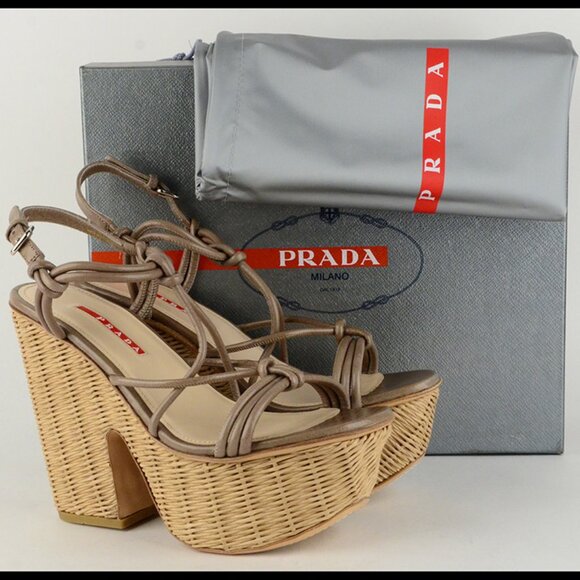 PRADA SHOES KNOTTED LEATHER WICKER WEDGE PLATFORM SANDALS sz 40 / 10 - Picture 12 of 13